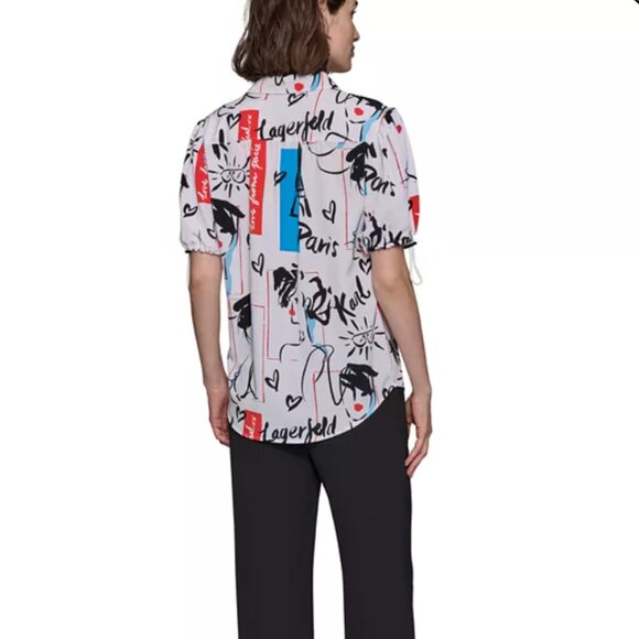 NWT Karl Lagerfeld Printed Bungee-Sleeve Button-Down Top Karl Lagerfeld - Picture 5 of 5